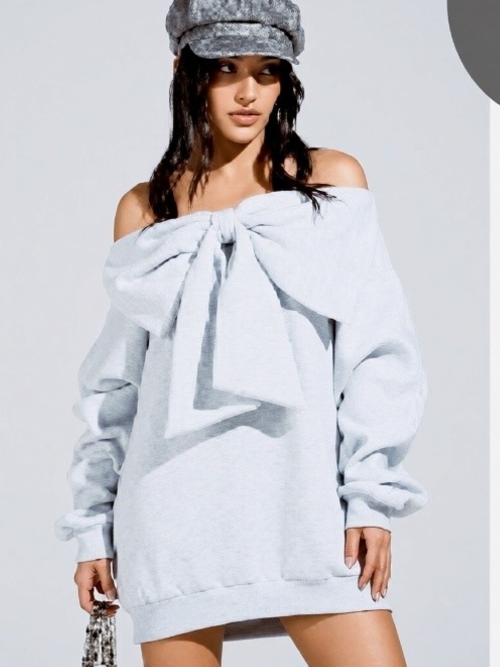 Off-Shoulder Bow Front Sweater Dress - Light Gray